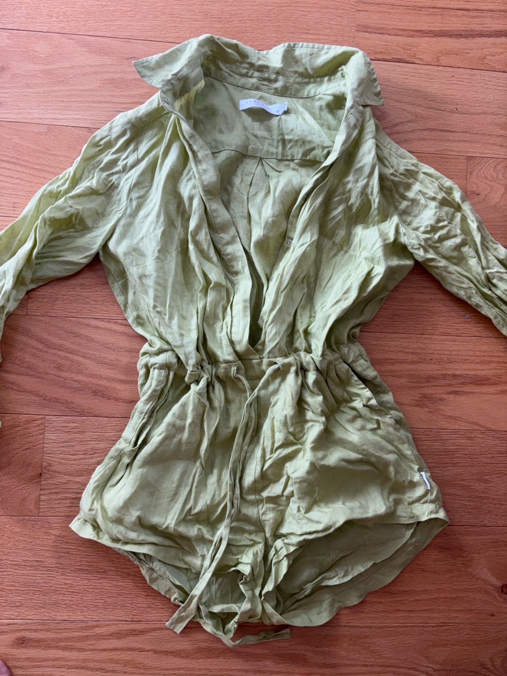 Seafolly chartreuse Green linen romper.  Tie waist details